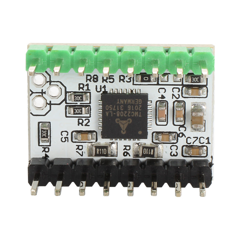 Close-up of a circuit board showcasing the TMC2208 V2.0 Stepper Motor Driver High Performance Ultra Quiet by 3D Printing Perth - Cirrus Link, featuring resistors, capacitors, an integrated circuit chip, and green/black connectors for silent operation.