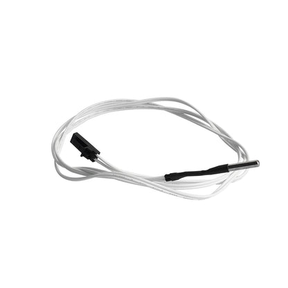 A white electrical wire coil with a black connector and metallic pin at the end, compatible with Prusa i3 MK3S, isolated on a white background. Product: Prusa i3 MK3S Voron 2.4 Thermistor and Thermocouple Sensor 3x12mm (1 Meter). Brand: 3D Printing Perth - Cirrus Link.