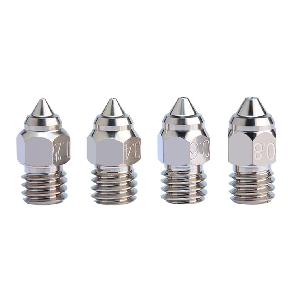 A row of four silver 3D printer nozzles from 3D Printing Perth - Cirrus Link, made from durable Chrome Zirconium Copper, are marked with sizes 0.2, 0.4, 0.6, and 0.8 for precision use with the Creality Ender-3 CR-6SE.