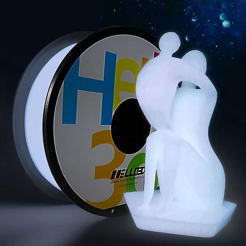 A Hello3D statue of a man and a woman in front of a cd sleeve, made with Filament - Hello3D PLA Glow In The Dark 1.75mm 3D Printing Filament.