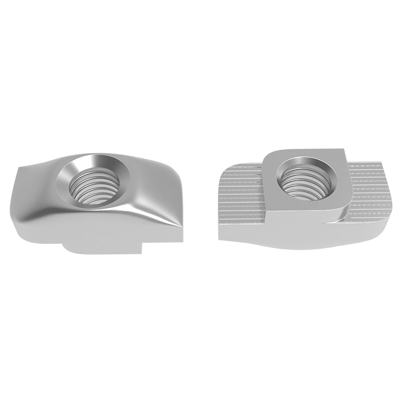 Displayed on a white background are two metal T-nuts with threaded holes—one featuring a smooth surface and the other adorned with grooved ridges. These versatile fasteners, ideal for securing 3D printing setups, closely resemble the precise fit of an Aluminum Profile Nut 2020 Boat Hammer Nut by 3D Printing Perth - Cirrus Link.