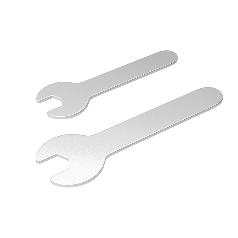 Two ASR Fixed-Size Spanners for 3D Printer Nozzle Installation, in different sizes, lie parallel on a white background—ideal tools for MK8 nozzle maintenance.