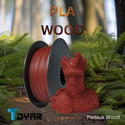 A red Toyar Wood (PLA) 1.75mm 3D Printing Filament with a wooden background.