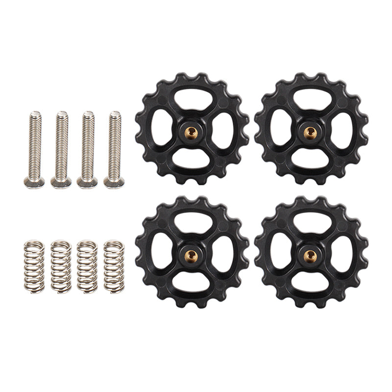The 3D Printing Perth - Cirrus Link M3X20X44 Hot Bed Leveling Spring Kit, featuring four black bicycle gear wheels, four leveling springs for 3D printer bed adjustments, and four metal screws, is neatly arranged on a white background.