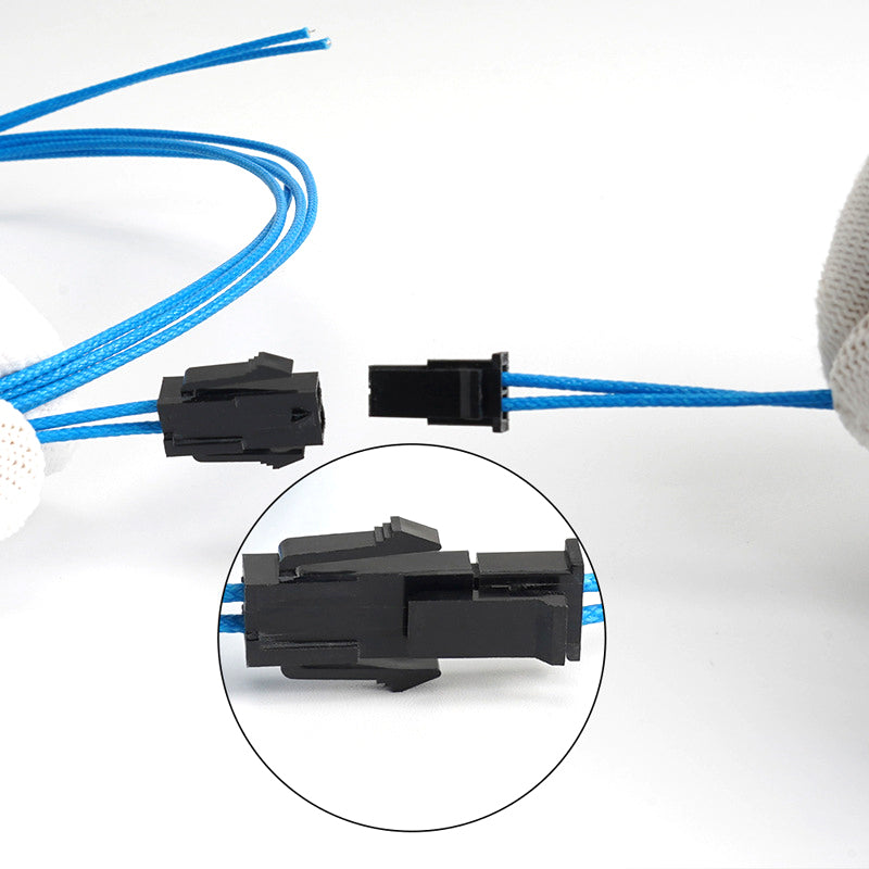 A person holds a blue wire with a black connector from the PT1000 High Temperature Platinum Thermistor Sensor Probe by 3D Printing Perth - Cirrus Link. An inset shows a detailed view of the connector, ideal for sensor applications, against a white background highlighting every detail.
