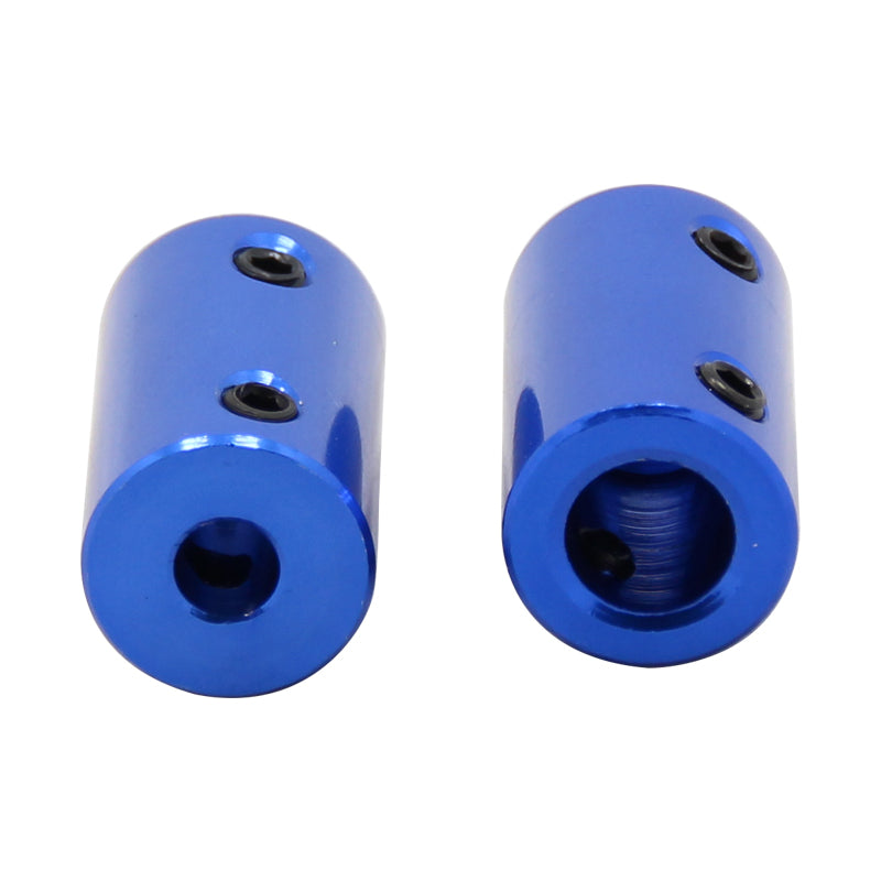 Two blue ASR Aluminum Shaft Couplings for Motor & Lead Screw Linkage, each with a central hole and set screws to secure axles or rods—ideal as stepper motor connectors in automation.