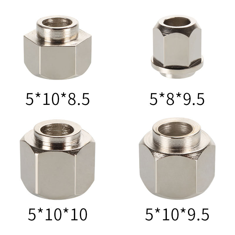 Four Eccentric Nut Nickel Plated V Groove Hex Nuts from 3D Printing Perth - Cirrus Link are arranged in a grid, ideal for mechanical tasks. Sizes include 5*10*8.5, 5*8*9.5, 5*10*10, and 5*10*9.5—perfect for precision tasks or 3D printing projects.