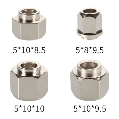 Four Eccentric Nut Nickel Plated V Groove Hex Nuts from 3D Printing Perth - Cirrus Link are arranged in a grid, ideal for mechanical tasks. Sizes include 5*10*8.5, 5*8*9.5, 5*10*10, and 5*10*9.5—perfect for precision tasks or 3D printing projects.