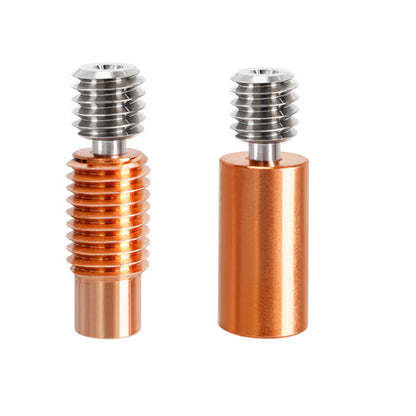 Two titanium alloy heatbreaks from 3D Printing Perth - Cirrus Link designed for E3D V6 models include a ribbed copper and silver design and a smooth cylindrical red copper model, both critical 3D printing accessories.