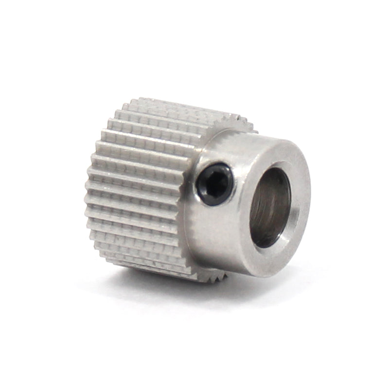 Close-up of the 26 Tooth Stainless Steel Feed Wheel by 3D Printing Perth - Cirrus Link, showcasing ridged sides and a central hollow area with a small black screw, expertly engineered for precision and durability.
