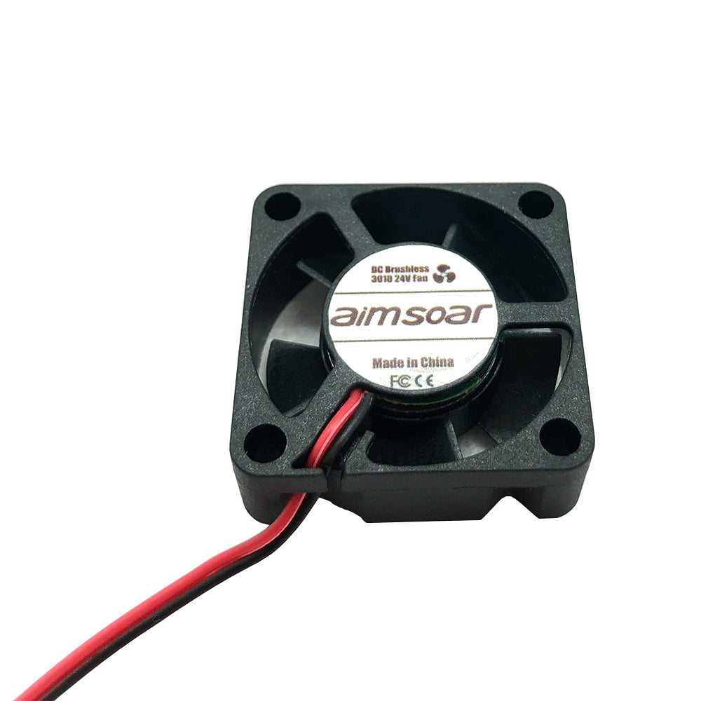 A black square cooling fan equipped with red and black wires and a central label indicating it's from "3D Printing Perth - Cirrus Link." This 24V DC brushless fan is made in China and offers low noise at 27.7 DBA with a hydraulic bearing, providing optimal cooling for maintaining temperature in 3D printers.