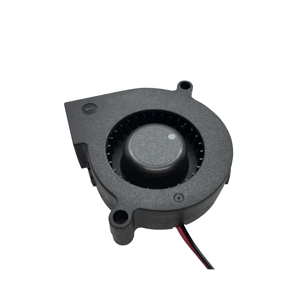 The Blower 5015 12V DC Fan from 3D Printing Perth - Cirrus Link features a circular design and provides efficient airflow with its 6200 RPM speed and 14.5 CFM oil-bearing capacity. Equipped with two attached red and black wires measuring 30CM, it is ideal for use in 3D printers, ensuring optimal performance and reliability.
