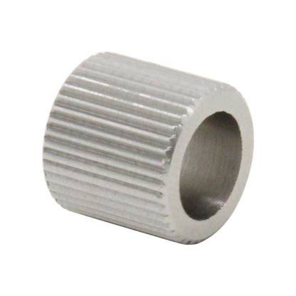 Viewed from an angle against a white background is the 3D Printing Perth - Cirrus Link's 40 Tooth Stainless Steel Feed Wheel, featuring a cylindrical shape with precision ribbed surface, measuring 12mm in diameter and 11mm in height.