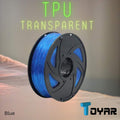 A spool of Toyar TPU Transparent 1.75mm 3D Printing Filament is shown against a blurred background, ideal for projects needing flexible filament.