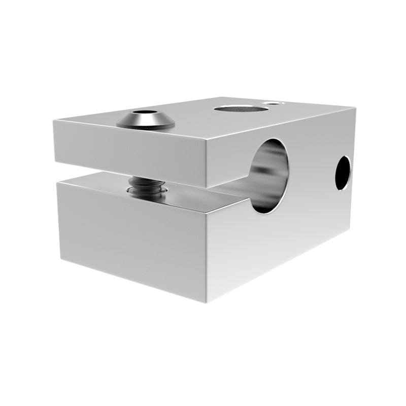 The 3D Printing Perth - Cirrus Link's High Quality E3D V6 PT100 Heat Block 550C includes a metal clamp with a threaded screw and circular side holes, perfect for securing an E3D V6 heat block.