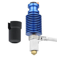A close-up showcases the Voron 24 Prusa Extruder CHC V6 Volcano Ceramic Hot End Kit from 3D Printing Perth - Cirrus Link, featuring a blue heat sink with an attached white and brass nozzle on the right, alongside a black cylindrical component that resembles the Volcano Ceramic Hot End on the left, all set against a pristine white background.