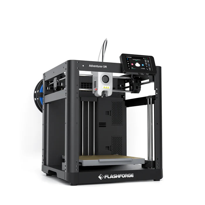 A black 3D Printer FlashForge Adventurer 5M - High-Speed Direct Extruder with a digital control screen and filament spool visible on the left side, offering high-performance 3D printing.