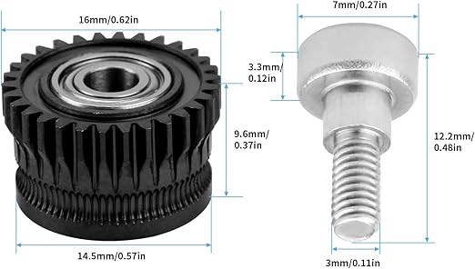 An image features the Creality K1/K1C/Ender-3 V3 Replacement Extruder Gear in black, with a 16mm diameter and 14.5mm height. It includes a metal screw measuring 12.2mm in height and 7mm in diameter, perfect for precise 3D printing with Creality K1 models.