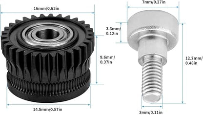 An image features the Creality K1/K1C/Ender-3 V3 Replacement Extruder Gear in black, with a 16mm diameter and 14.5mm height. It includes a metal screw measuring 12.2mm in height and 7mm in diameter, perfect for precise 3D printing with Creality K1 models.