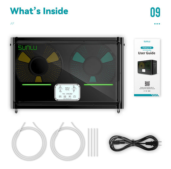SUNLU package contents: SUNLU S4 FilaDryer, a 4-bay filament drying solution for effective filament drying, supporting multi-color printing with two spools, includes a user guide booklet, two filament tubes, and a power cable.