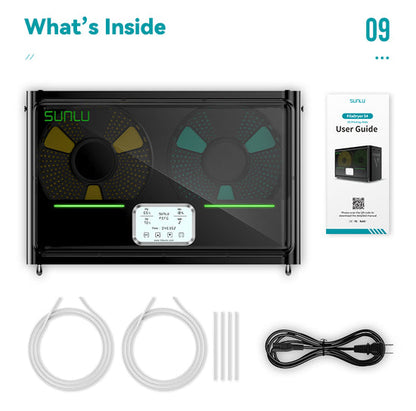 SUNLU package contents: SUNLU S4 FilaDryer, a 4-bay filament drying solution for effective filament drying, supporting multi-color printing with two spools, includes a user guide booklet, two filament tubes, and a power cable.