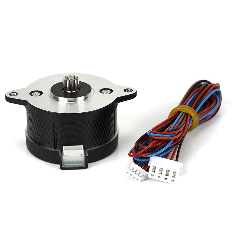 The VORON 36 Stepper Motor by 3D Printing Perth - Cirrus Link, featuring a gear on top and bundled cables with white connectors, is perfect for 3D printers with high-temperature resistance at 2.4V.