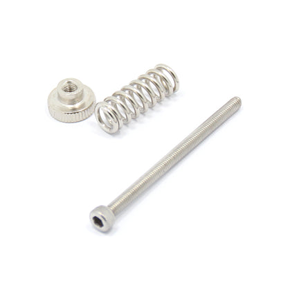 An ASR M3×40mm Steel Leveling Spring for Heated Beds, along with a metal thumb nut and long threaded screw, are displayed on a white background—components commonly used for heatbed leveling in FDM 3D printers.