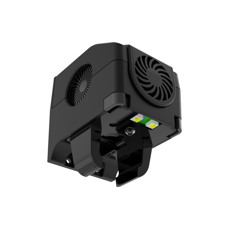 The Extruder Assembly for Adventurer 4 Pro 3D Printer by Flashforge, a sleek black electronic component, is depicted from a low angle against a white background. Featuring two fans and two green lights, it is ideal for 3D printing enthusiasts due to its precision and efficiency in every project.