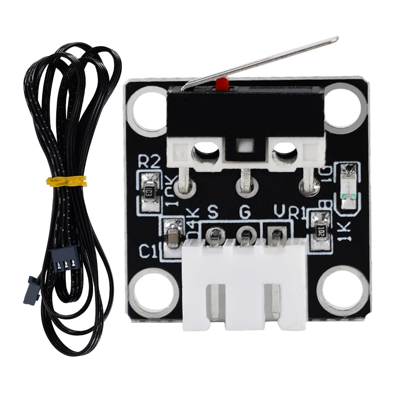 Enhance your 3D printing setup with the EndStop Switch for CR-10 Ender-3S Mechanical Limit Micro Stroke from 3D Printing Perth - Cirrus Link. This electronic sensor module features a black circuit board with multiple pins labeled R2, S, G, and VR1. It boosts performance when paired with the Ender-3S Micro Switch and comes with a wire bundle neatly tied with a yellow band for easy organization.