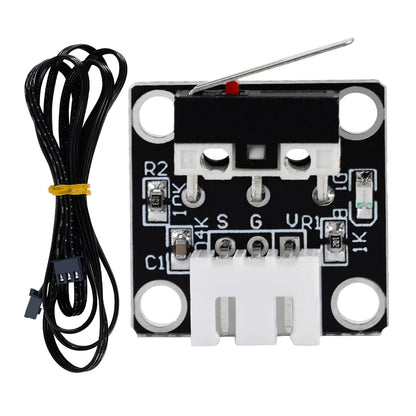 Enhance your 3D printing setup with the EndStop Switch for CR-10 Ender-3S Mechanical Limit Micro Stroke from 3D Printing Perth - Cirrus Link. This electronic sensor module features a black circuit board with multiple pins labeled R2, S, G, and VR1. It boosts performance when paired with the Ender-3S Micro Switch and comes with a wire bundle neatly tied with a yellow band for easy organization.