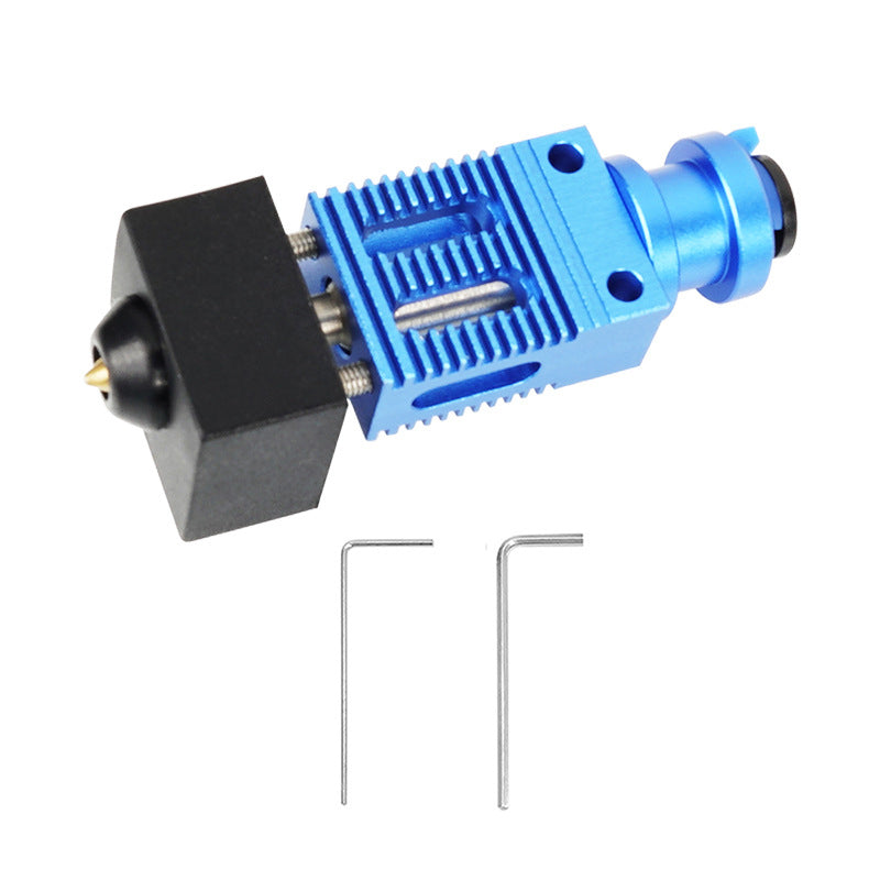 The CR10 Ender3 New Type Extruder Upgrade by 3D Printing Perth - Cirrus Link features an all-metal CR10/Ender 3 extruder nozzle assembly, enhanced with a blue heatsink and a black nozzle. Two hex keys are included for convenient adjustments.