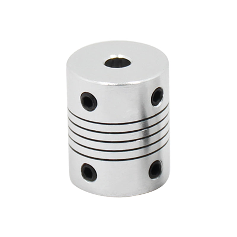 The ASR Anti-Vibration Flexible Coupling for Lead Screw Motion features four black set screws and spiral cut slots, perfect for connecting shafts in mechanical assemblies or serving as a vibration damper on 3D printer Z-axes.