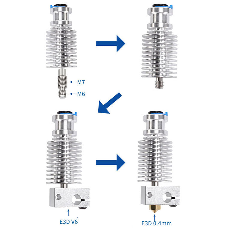 The Voron 2.4 Trident E3D V6 Hotend Extruder Assembly from 3D Printing Perth - Cirrus Link includes four metal heat sinks with threaded ends and arrows indicating the assembly sequence, compatible with the E3D V6 Hot End. These components feature labels: M7, M6, E3D V6, and E3D 0.4mm, making them ideal for enhancing your Voron 2.4 Trident setup.