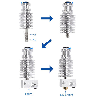 The Voron 2.4 Trident E3D V6 Hotend Extruder Assembly from 3D Printing Perth - Cirrus Link includes four metal heat sinks with threaded ends and arrows indicating the assembly sequence, compatible with the E3D V6 Hot End. These components feature labels: M7, M6, E3D V6, and E3D 0.4mm, making them ideal for enhancing your Voron 2.4 Trident setup.