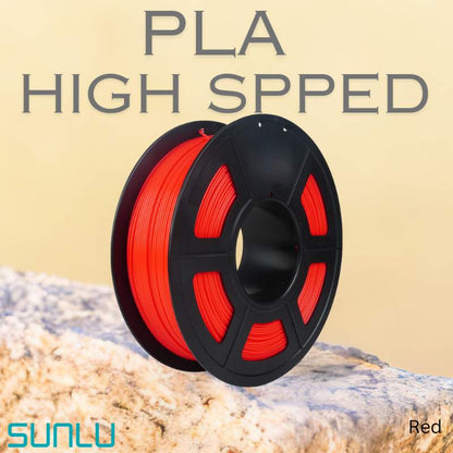 A red SUNLU High-Speed PLA 1.75mm 3D Printing Filament on a rock, showcasing precision engineering.