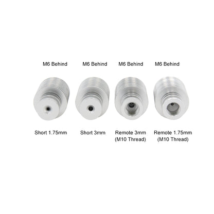 Four E3D V5 Heat Sinks from 3D Printing Perth - Cirrus Link, ideal for thermal management in 3D printing projects, are presented with labels "M6 Behind" and "Remote." Available in variations of 1.75mm, 3mm, and M10 threads, they are displayed elegantly on a white background.
