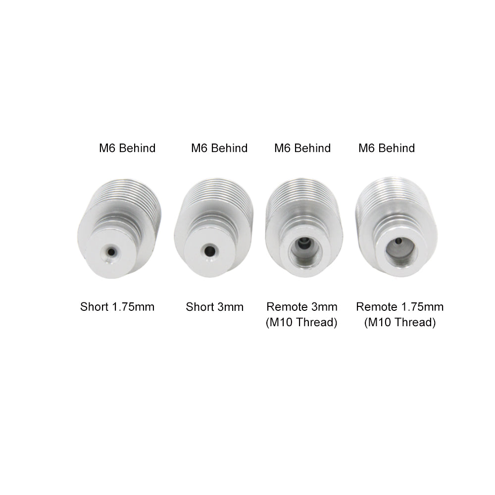 Four metal threading adapters, perfect for direct drive systems in 3D printing, are branded as "M6 Behind" by 3D Printing Perth - Cirrus Link. They come in different thicknesses and thread types: Short Heat Sink 1.75mm for direct extruder, Short 3mm, Remote 3mm (M10 Thread), and Remote 1.75mm (M10 Thread).
