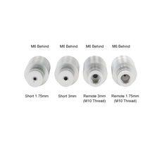 Four metal threading adapters, perfect for direct drive systems in 3D printing, are branded as "M6 Behind" by 3D Printing Perth - Cirrus Link. They come in different thicknesses and thread types: Short Heat Sink 1.75mm for direct extruder, Short 3mm, Remote 3mm (M10 Thread), and Remote 1.75mm (M10 Thread).