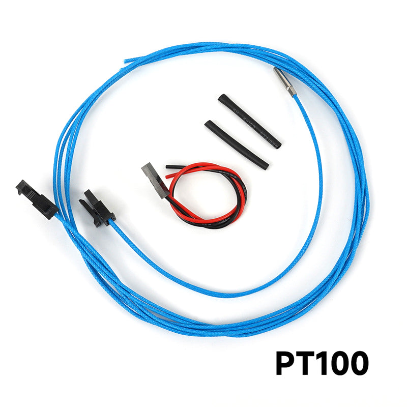 The PT100 High Temperature Resistance Platinum Thermistor Sensor Probe by 3D Printing Perth - Cirrus Link includes connectors, black and red wires, and heat shrink tubing; ideal for advanced 3D printing applications. Featured on a white background.