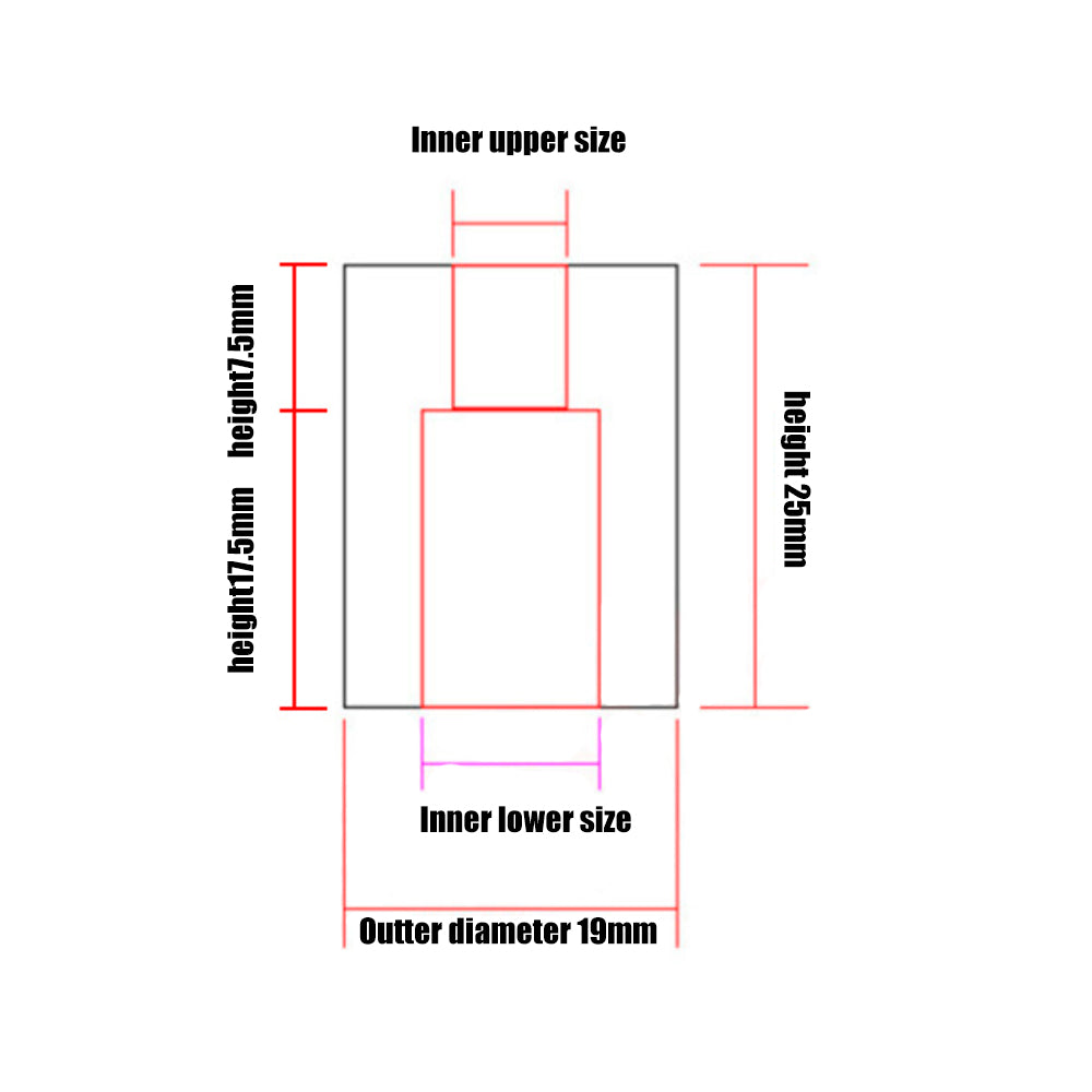 Technical diagram depicting the ASR Anti-Vibration Flexible Coupling for Lead Screw Motion with 17.5 mm, 7.5 mm, and 25 mm heights, inner upper/lower sizes, and a 19 mm outer diameter—ideal for 3D printer Z-axis vibration reduction.