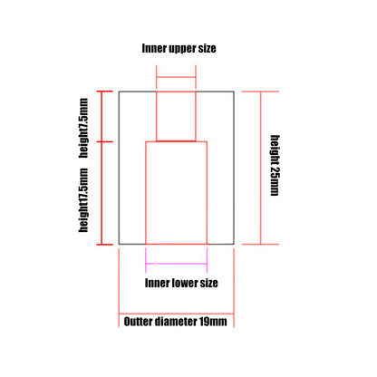 Technical diagram depicting the ASR Anti-Vibration Flexible Coupling for Lead Screw Motion with 17.5 mm, 7.5 mm, and 25 mm heights, inner upper/lower sizes, and a 19 mm outer diameter—ideal for 3D printer Z-axis vibration reduction.