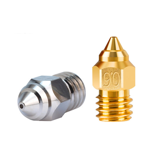 Two metallic 3D printer nozzles, one silver and one gold, showcasing the durable Chrome Zirconium Copper Nozzle technology from 3D Printing Perth - Cirrus Link, are positioned side by side against the white background of a CR-6SE.