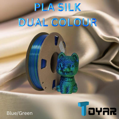 Eco-friendly Toyar PLA Silk Dual Colour 1.75mm 3D Printing Filament for 3D printing in a blue and green.