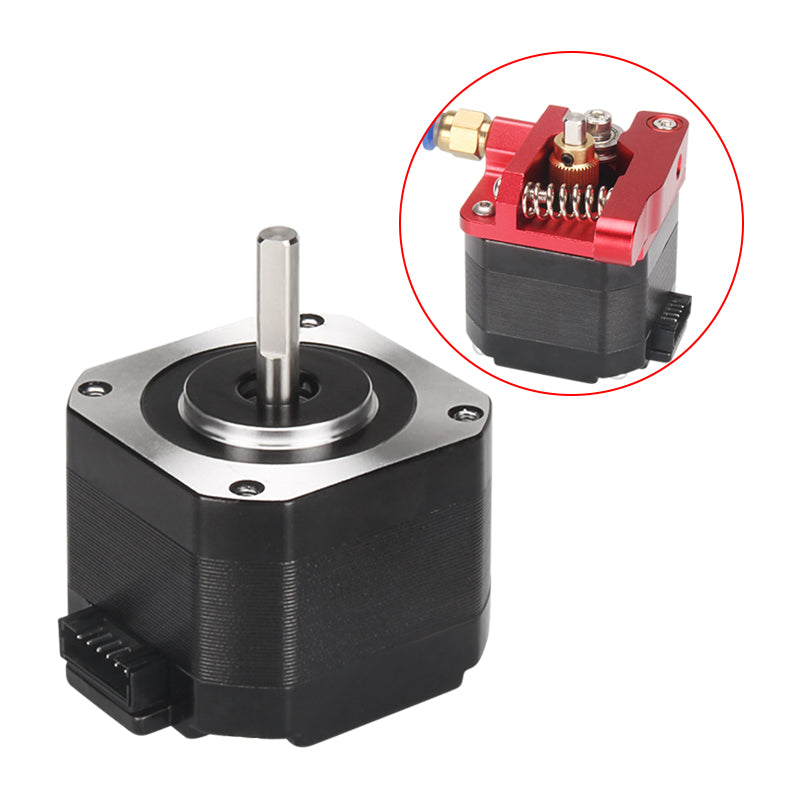 The 42 Stepper Motor (33mm Height, 1.8° Step Angle) by 3D Printing Perth - Cirrus Link, features a metal shaft and connector, ideal for 3D printing. A zoomed-in view reveals its internal mechanism.