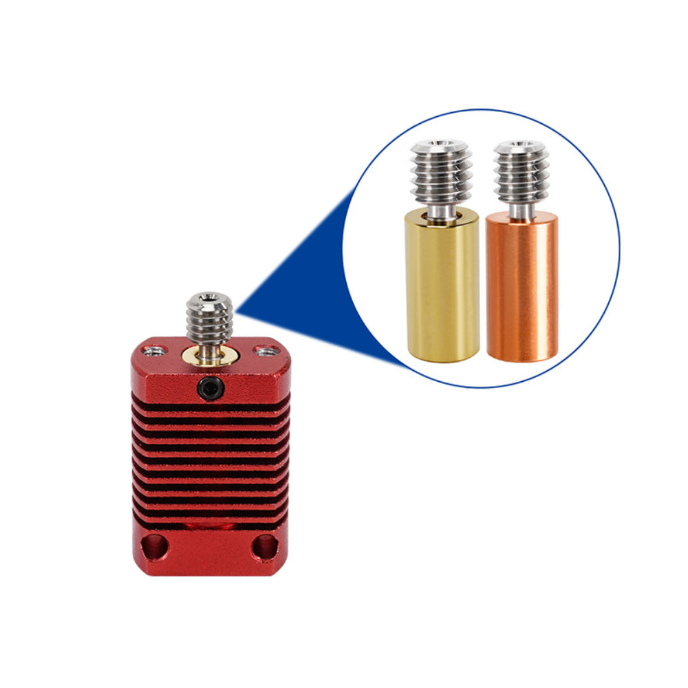 The red heatsink for an E3D V6 3D printer, compatible with 3D Printing Perth's Cirrus Link setup, is shown with gold and copper metal nozzles.