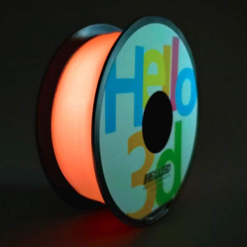 A Hello3D spool of Filament - Hello3D PLA Glow In The Dark 1.75mm 3D Printing Filament, with glow in the dark feature.