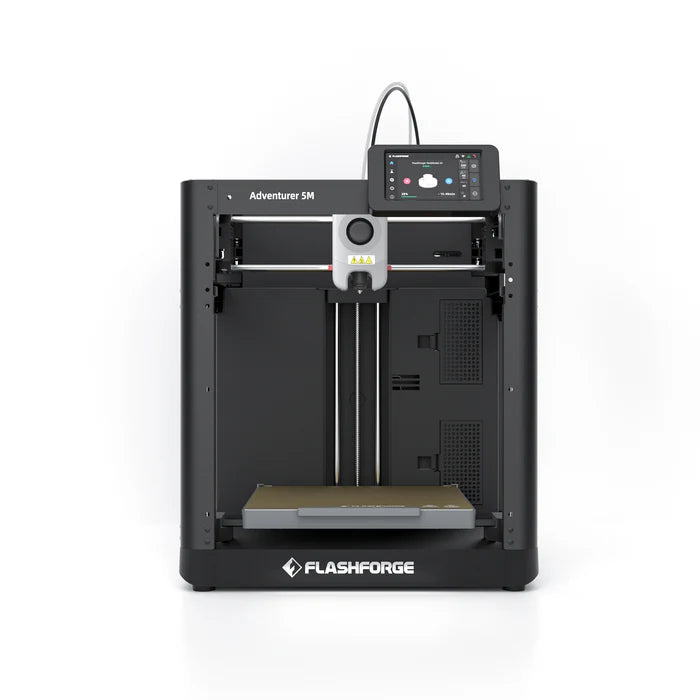 Image of a FlashForge 3D Printer FlashForge Adventurer 5M - High-Speed Direct Extruder with an open front panel, showcasing the build platform and extruder head. The high-performance display screen is mounted on the upper right side, highlighting its high printing speed capabilities.