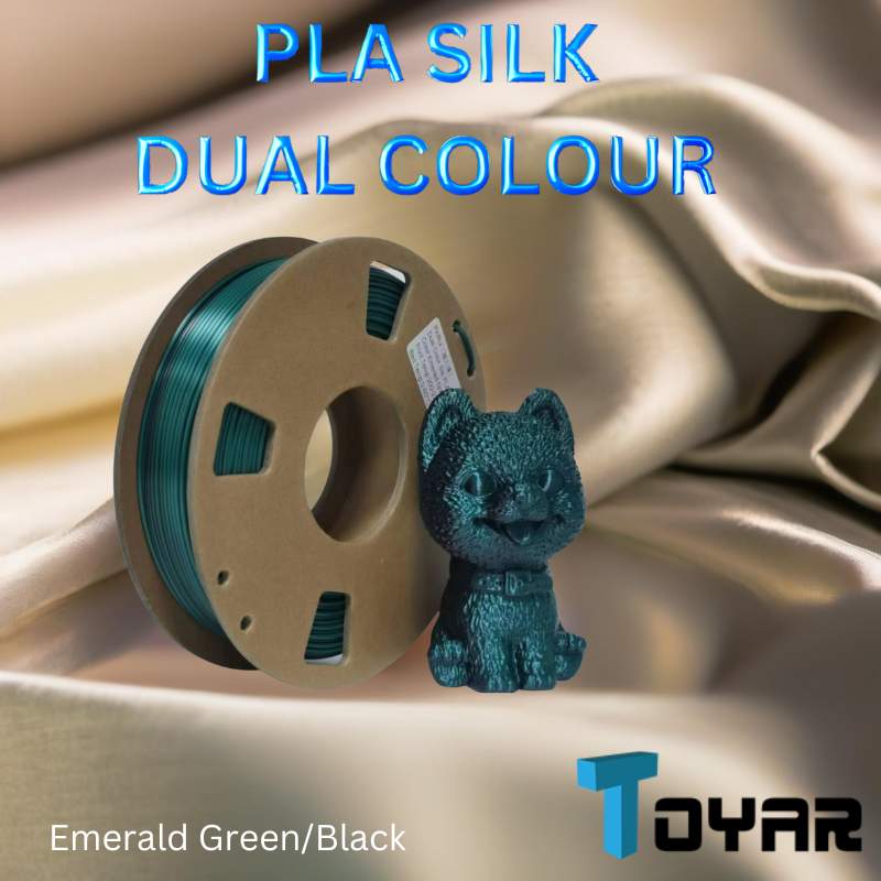 Eco-friendly Toyar PLA Silk Dual Colour filament for 3D printing in emerald green and black.