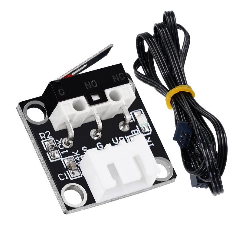 Introducing the EndStop Switch for CR-10 Ender-3S Mechanical Limit Micro Stroke by 3D Printing Perth - Cirrus Link: a black micro switch module complete with connector ports and an attached black cable, ideal as a 3D printing accessory for use with CR-10 Mechanical Limit Switch systems or Ender-3S Micro Switch setups.