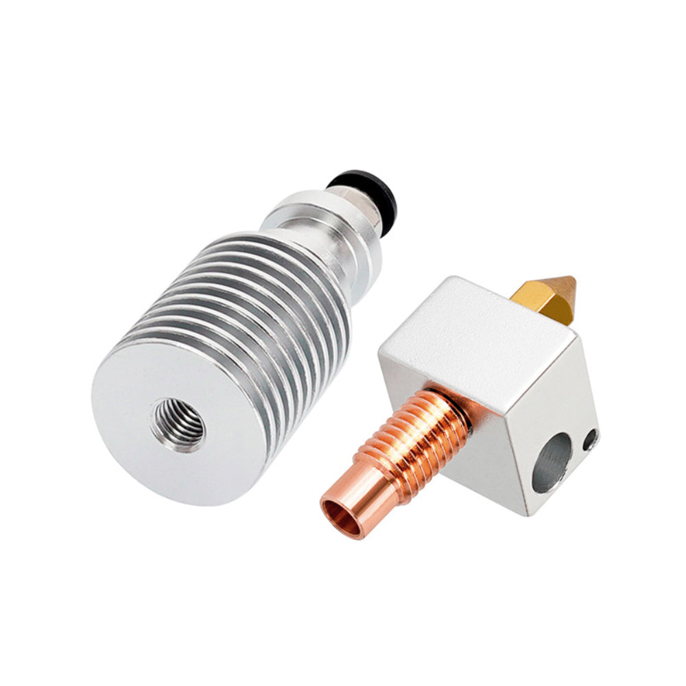 An E3D V6 Titanium Alloy Red Copper Throat Tube by 3D Printing Perth - Cirrus Link, along with a metal heat sink and a square metallic component featuring a copper nozzle, is situated on a white background.